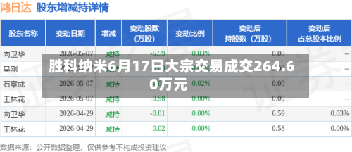 胜科纳米6月17日大宗交易成交264.60万元