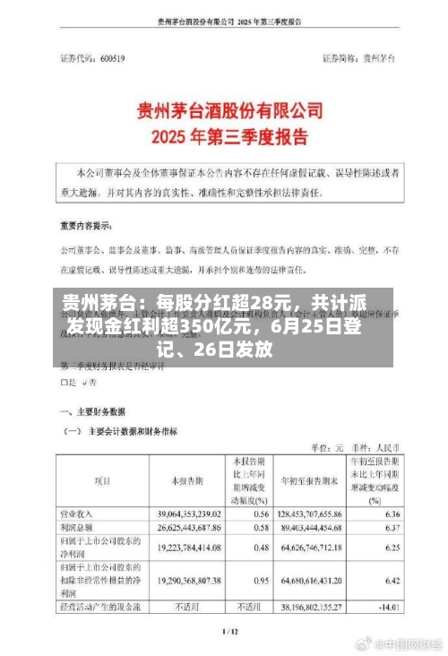 贵州茅台：每股分红超28元，共计派发现金红利超350亿元	，6月25日登记	、26日发放-第2张图片