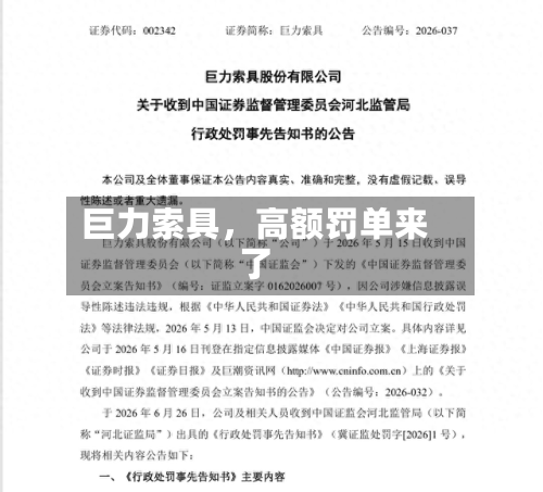 巨力索具，高额罚单来了